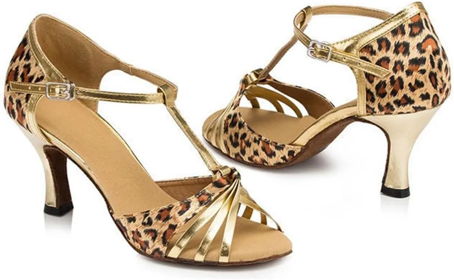 TDA Womens Peep Toe T-strap Leopard Latin Modern Salsa Tango Ballroom Wedding Dance Shoes