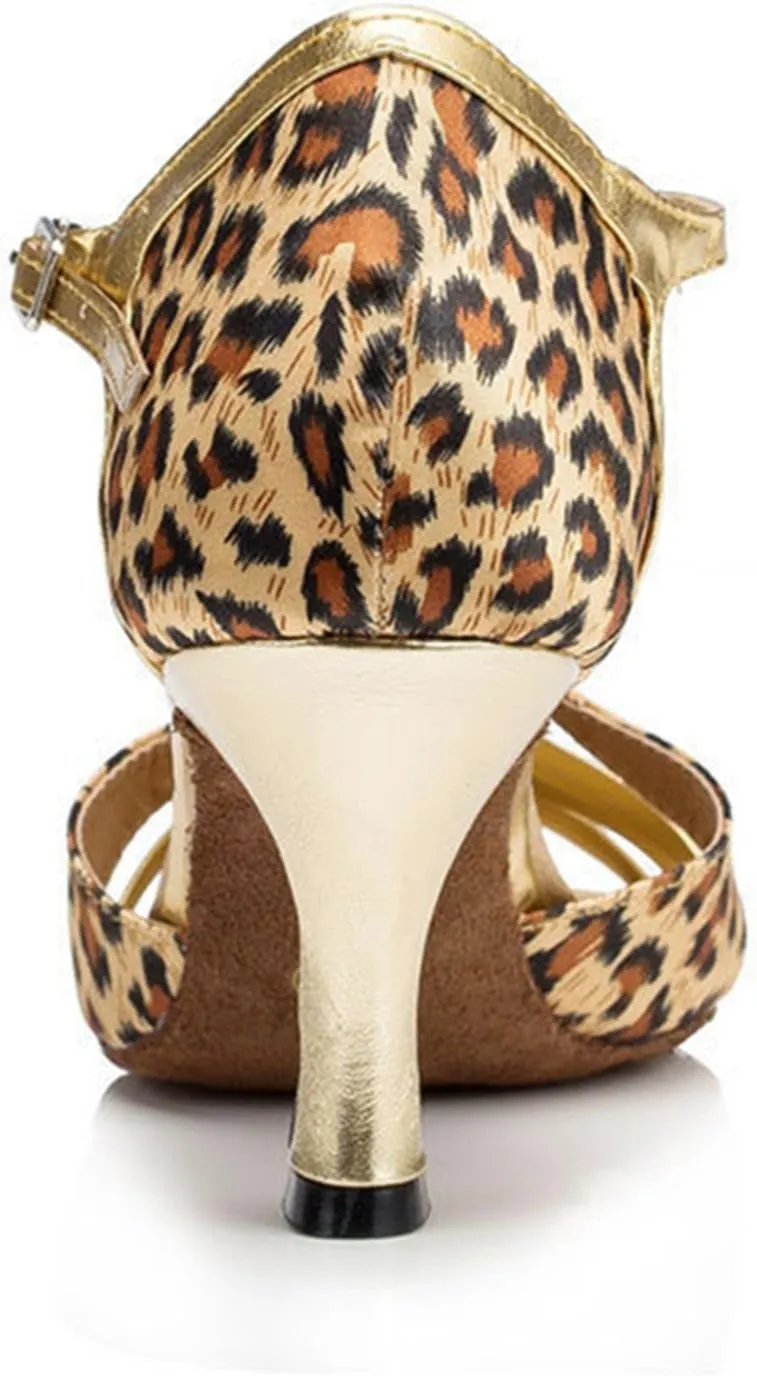 TDA Womens Peep Toe T-strap Leopard Latin Modern Salsa Tango Ballroom Wedding Dance Shoes