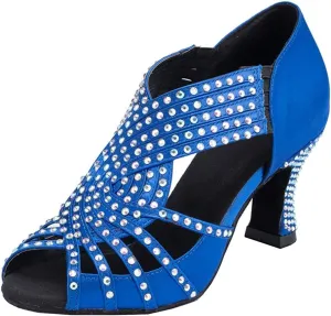 TDA Womens Zipper Mid Heel Blue Satin Crystals Latin Modern Salsa Tango Ballroom Wedding Dance Shoes 5.5 M US