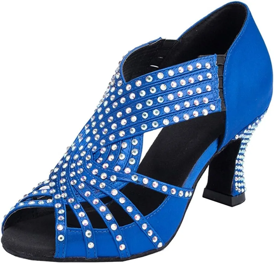 TDA Womens Zipper Mid Heel Blue Satin Crystals Latin Modern Salsa Tango Ballroom Wedding Dance Shoes 5.5 M US
