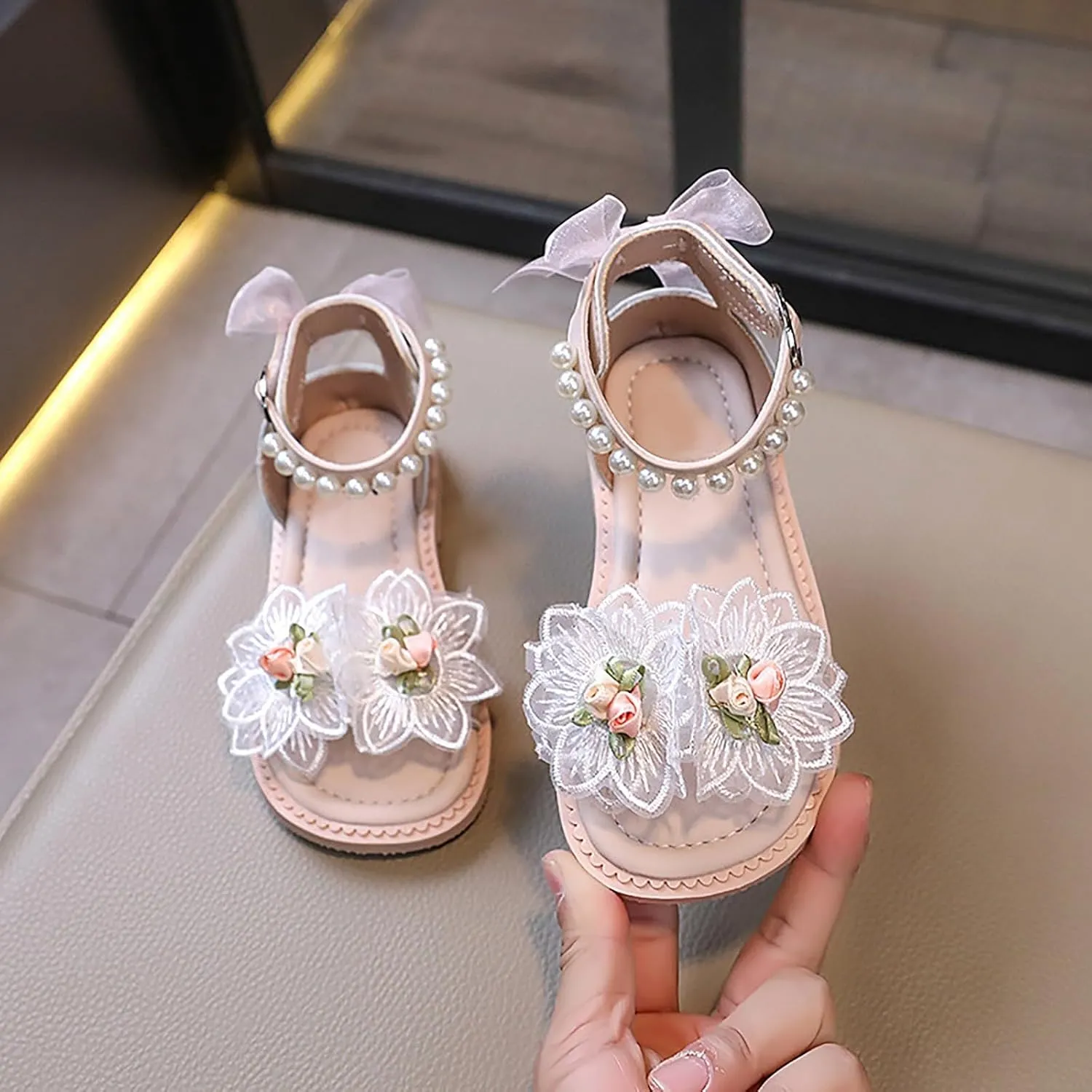 Toddler Girl Sandals, Rubber Flat Wide Shoes, Flower Girl Dress Shoes Open Toe Flats Glitter Sandals for Baby Girls