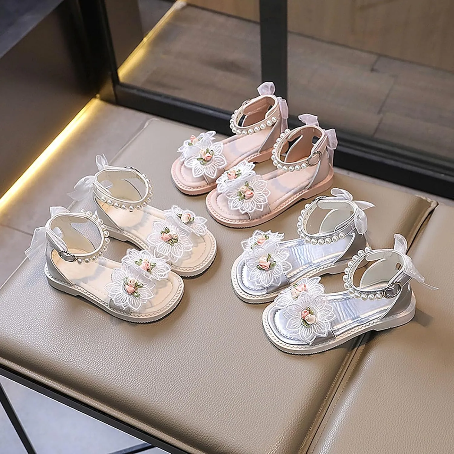 Toddler Girl Sandals, Rubber Flat Wide Shoes, Flower Girl Dress Shoes Open Toe Flats Glitter Sandals for Baby Girls