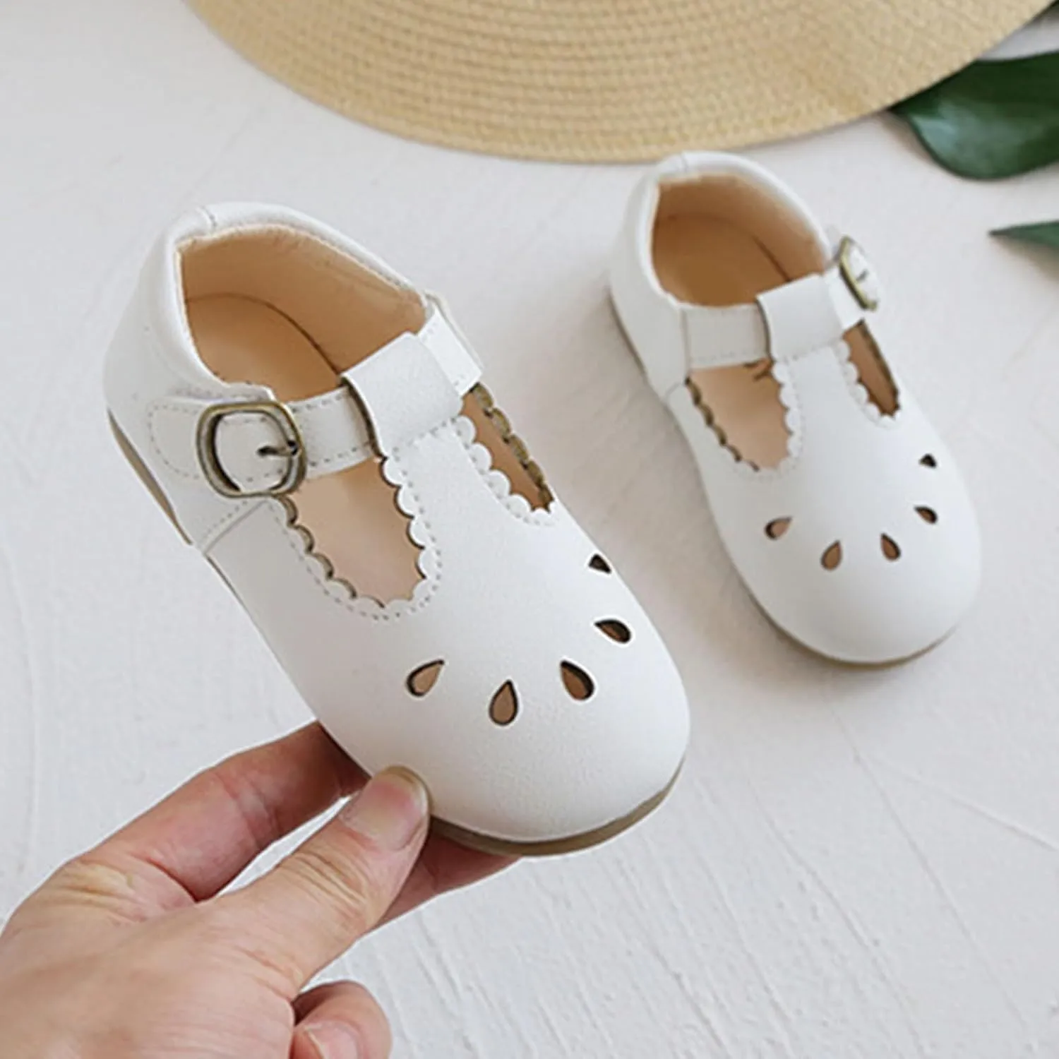 Toddler Girl T Strap Mary Jane Dress Shoes, Kids Closed Toe Hollow Buckle Slip On Platform Flip Flops with Strap