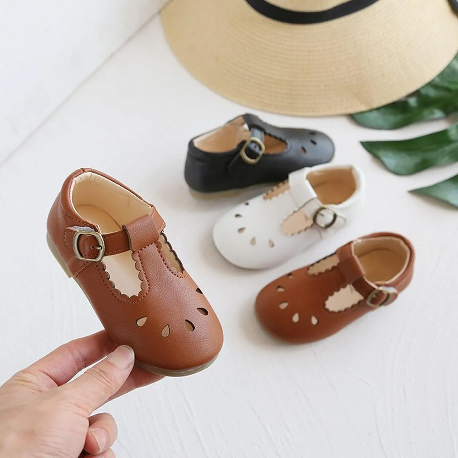 Toddler Girl T Strap Mary Jane Dress Shoes, Kids Closed Toe Hollow Buckle Slip On Platform Flip Flops with Strap