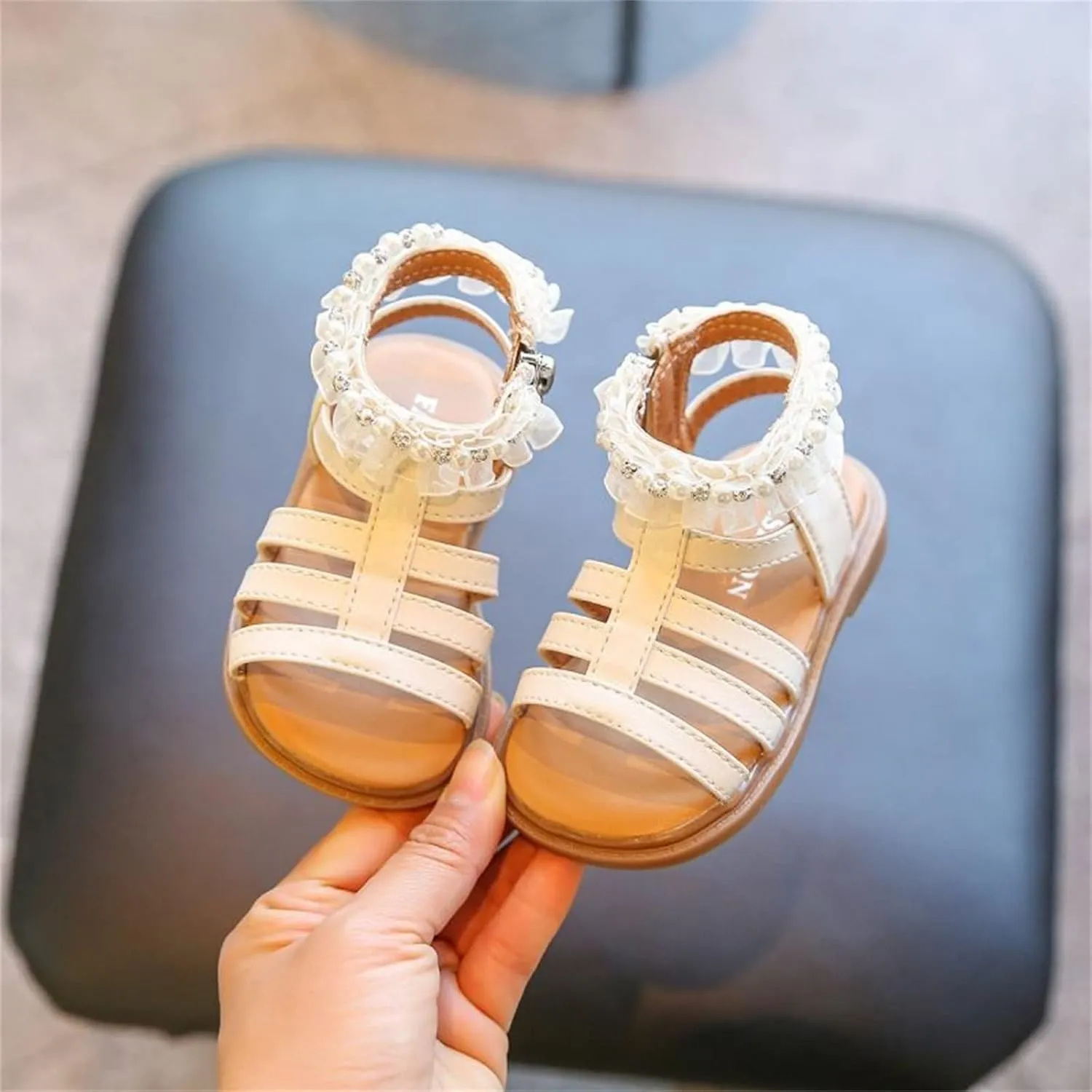 Toddler Sandals Size 9 Kids Baby Girl Sandals Pearl Crystal Diamond Lace Side Princess Toddler Closed Toe Sandals Girls