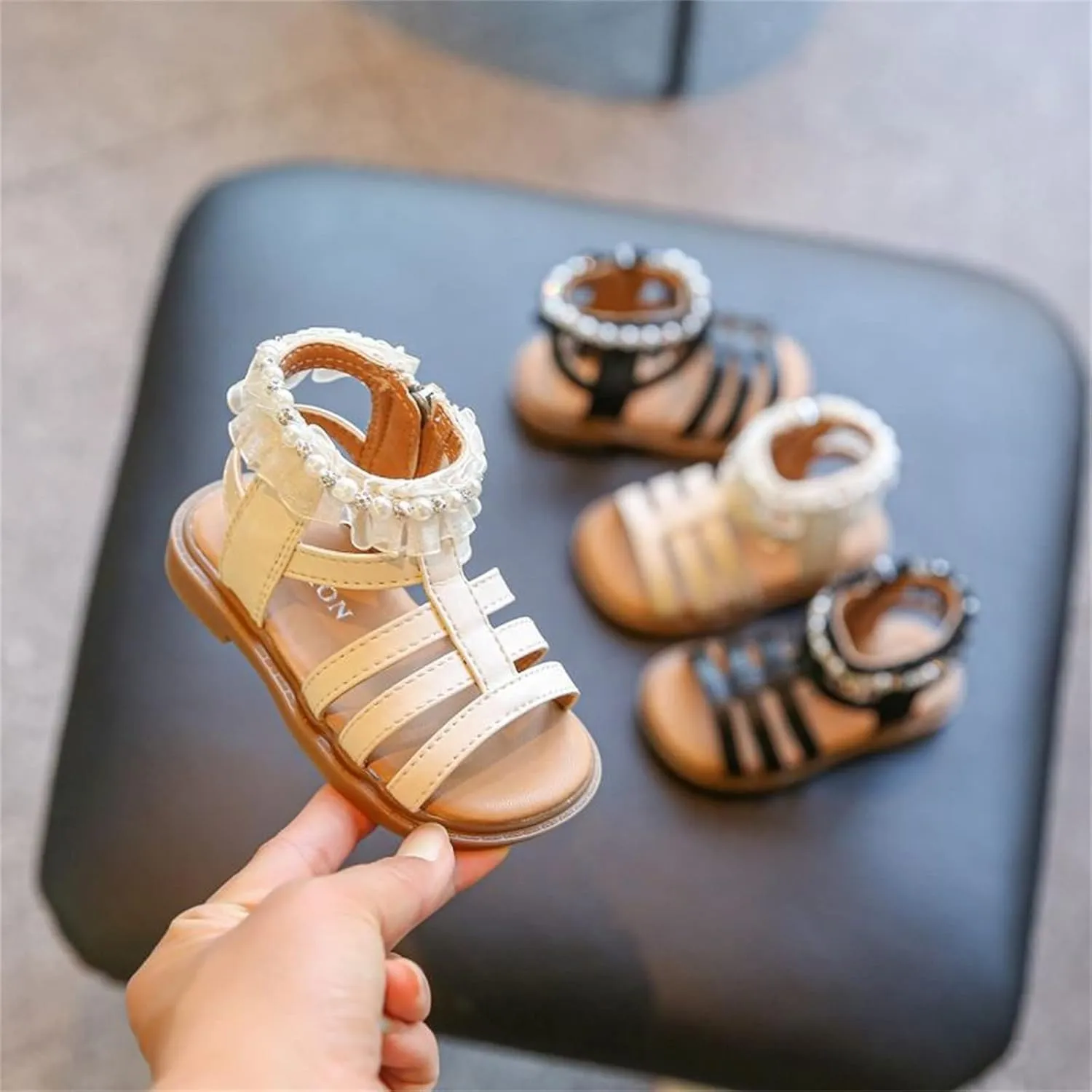 Toddler Sandals Size 9 Kids Baby Girl Sandals Pearl Crystal Diamond Lace Side Princess Toddler Closed Toe Sandals Girls