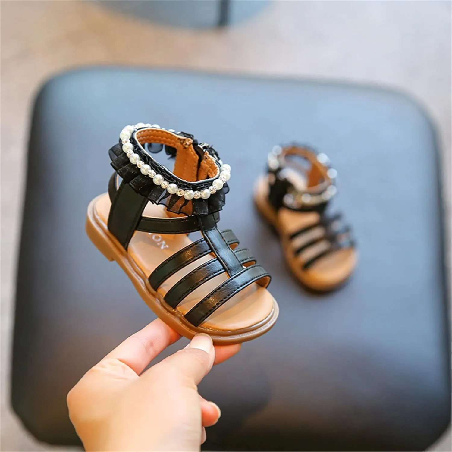 Toddler Sandals Size 9 Kids Baby Girl Sandals Pearl Crystal Diamond Lace Side Princess Toddler Closed Toe Sandals Girls
