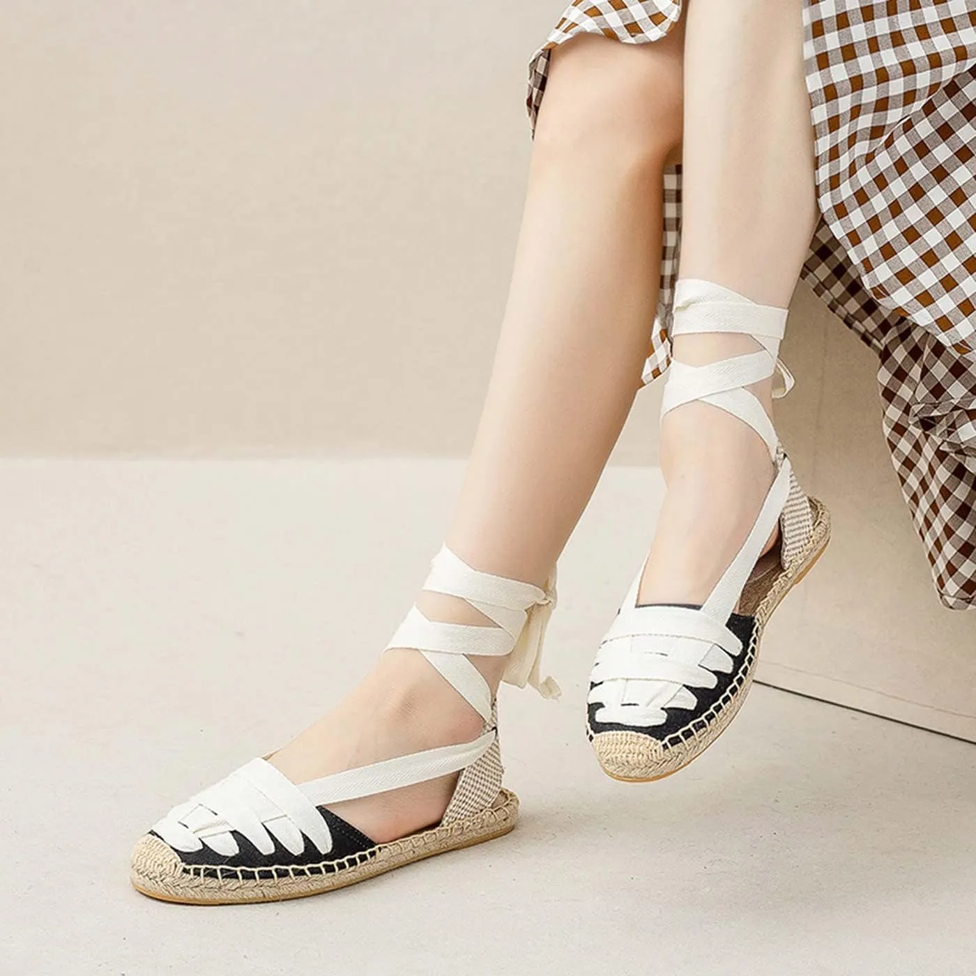 U-lite Canvas Strappy Sandals for Women, Back Strap Espadrilles with Woven Hemp Sole, Lightweight and Breathable Casual Shoes with Round Toe and Low Cut Design