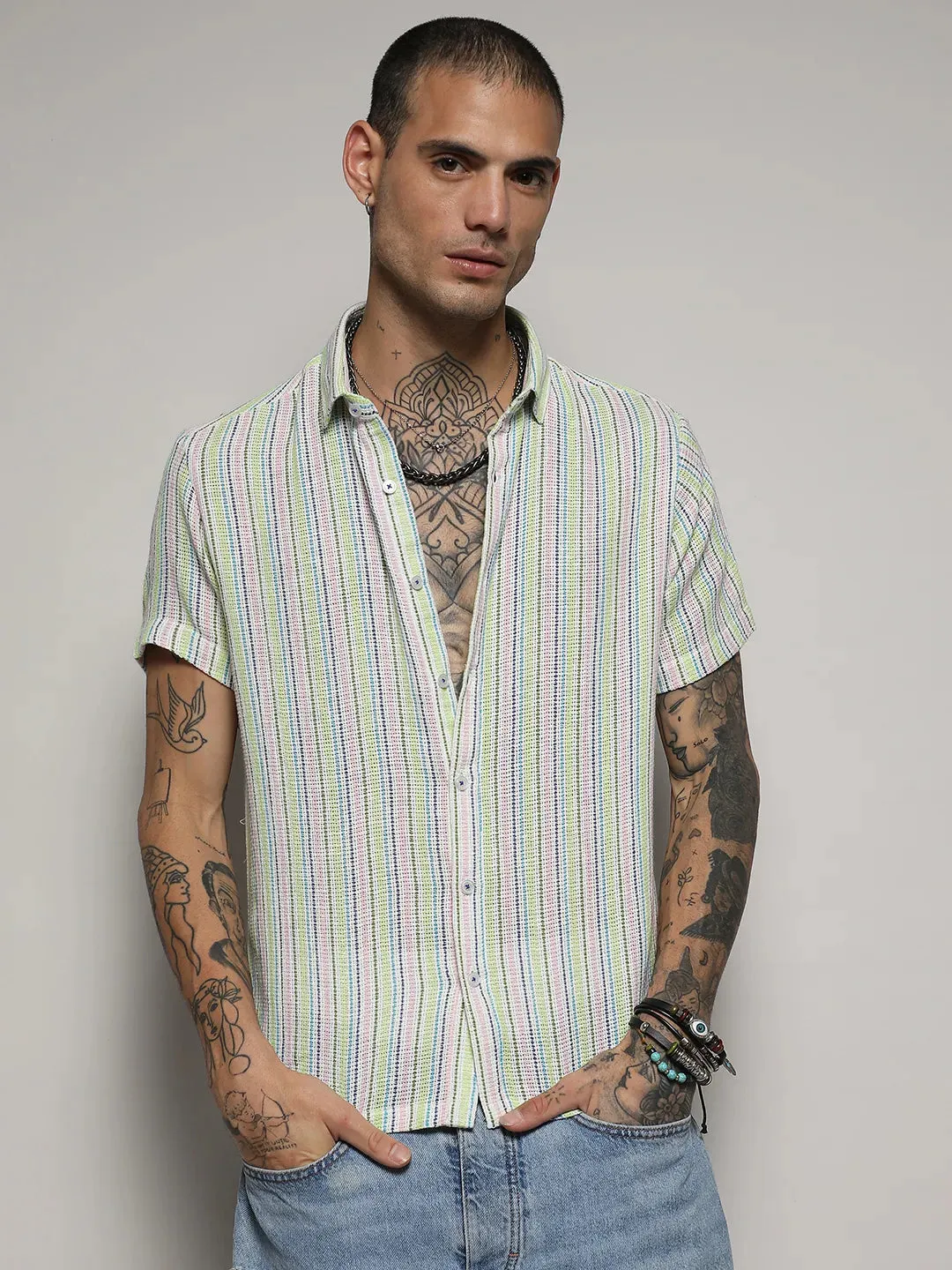 Unbalanced Striped Woven Shirt