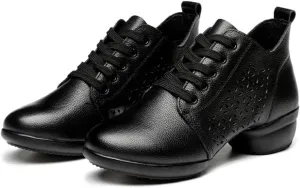 VEACAM Women Fashion Jazz Sneakers Comfort Wedge Platform Leather Dancing Shoes Lace-Up Ballroom Dance Trainers