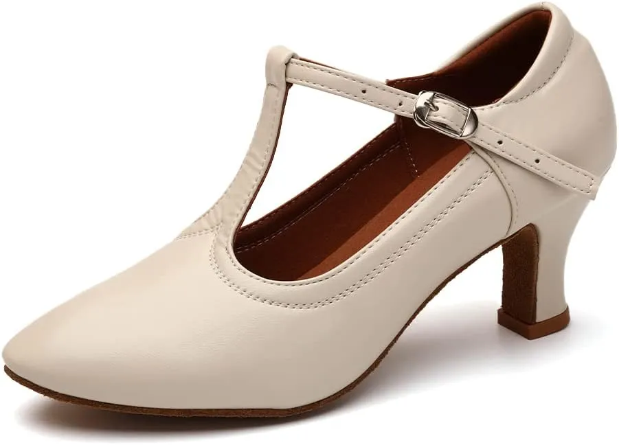 Women Latin Dance Shoes T-Strap Ballroom Salsa Tango Closed Toe Modern Dance Shoes,Model FT123