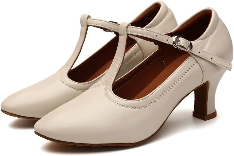 Women Latin Dance Shoes T-Strap Ballroom Salsa Tango Closed Toe Modern Dance Shoes,Model FT123