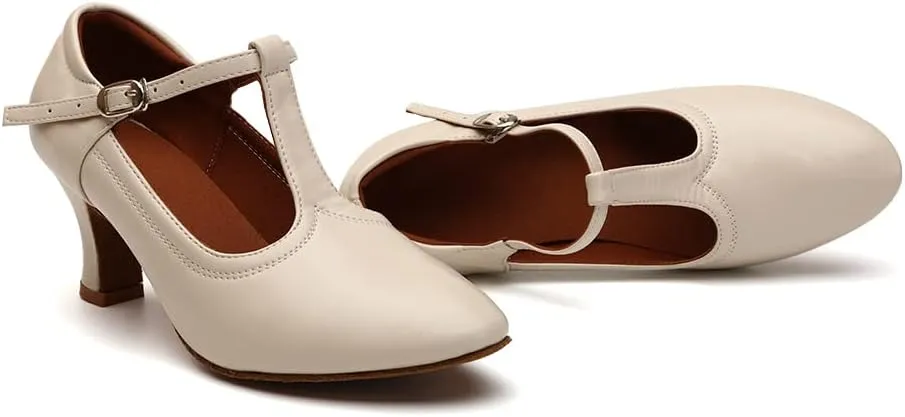 Women Latin Dance Shoes T-Strap Ballroom Salsa Tango Closed Toe Modern Dance Shoes,Model FT123