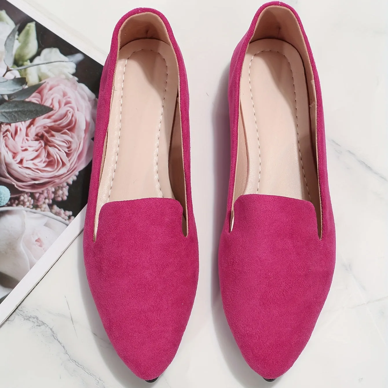 Women's Rose Red Elegant Pointed Toe SlipOn Flats