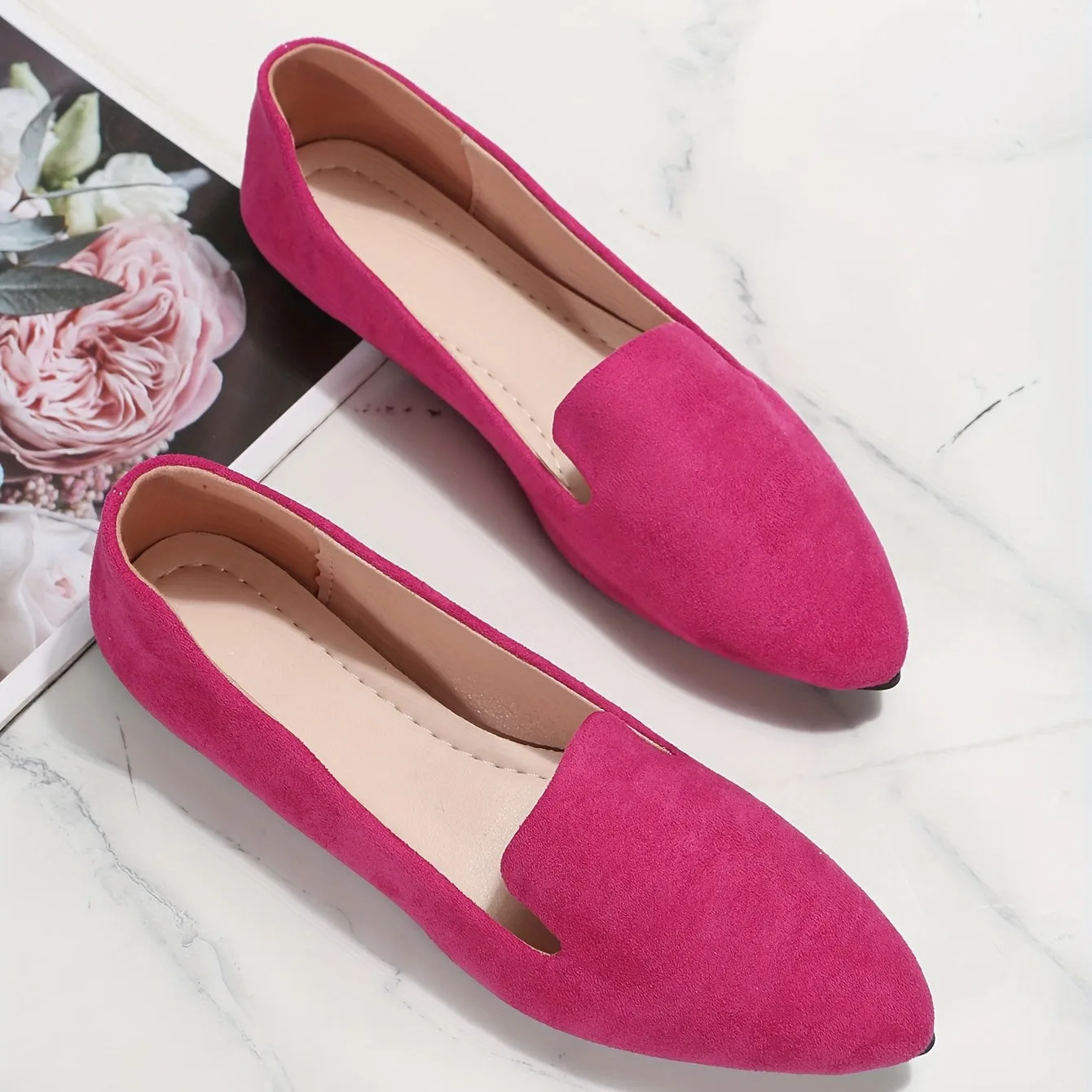 Women's Rose Red Elegant Pointed Toe SlipOn Flats