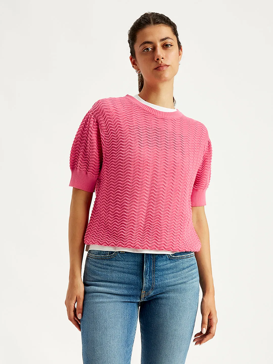 Women's Solid Pink Crew Neck Sweater