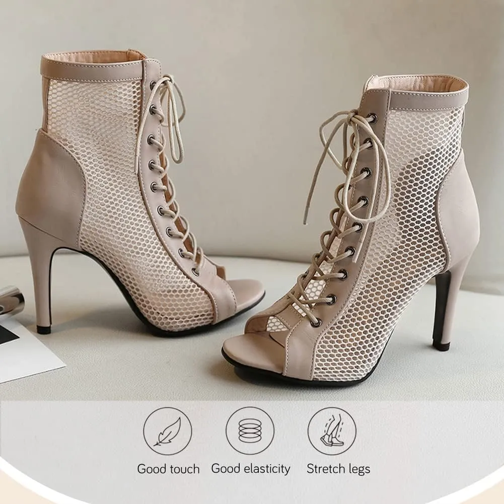 YKXLM Ballroom Dance Boots Women Latin Salsa Peep Toe Lace-up Ankle Dance Shoes