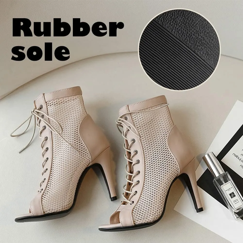 YKXLM Ballroom Dance Boots Women Latin Salsa Peep Toe Lace-up Ankle Dance Shoes