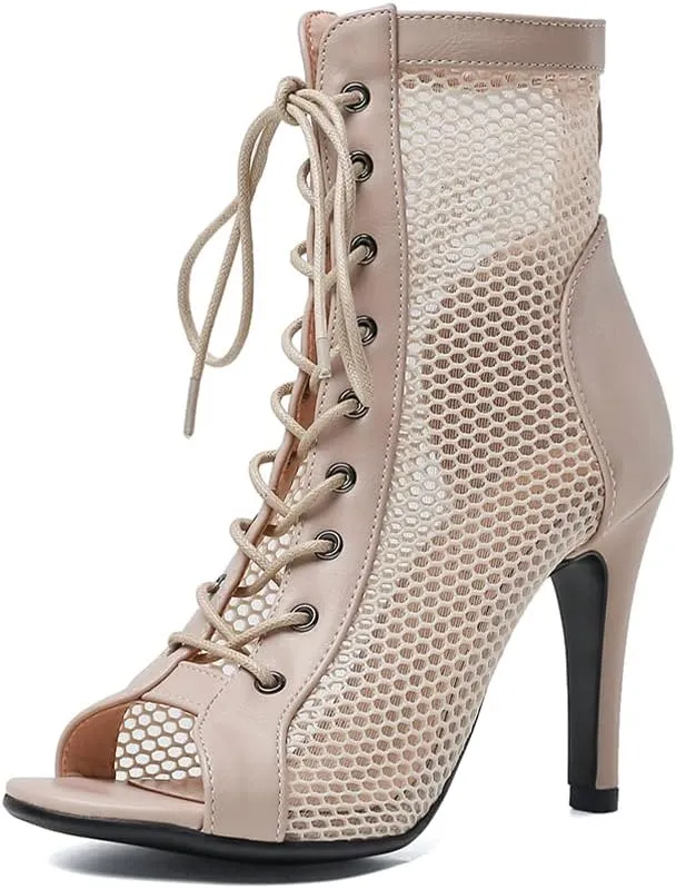 YKXLM Ballroom Dance Boots Women Latin Salsa Peep Toe Lace-up Ankle Dance Shoes