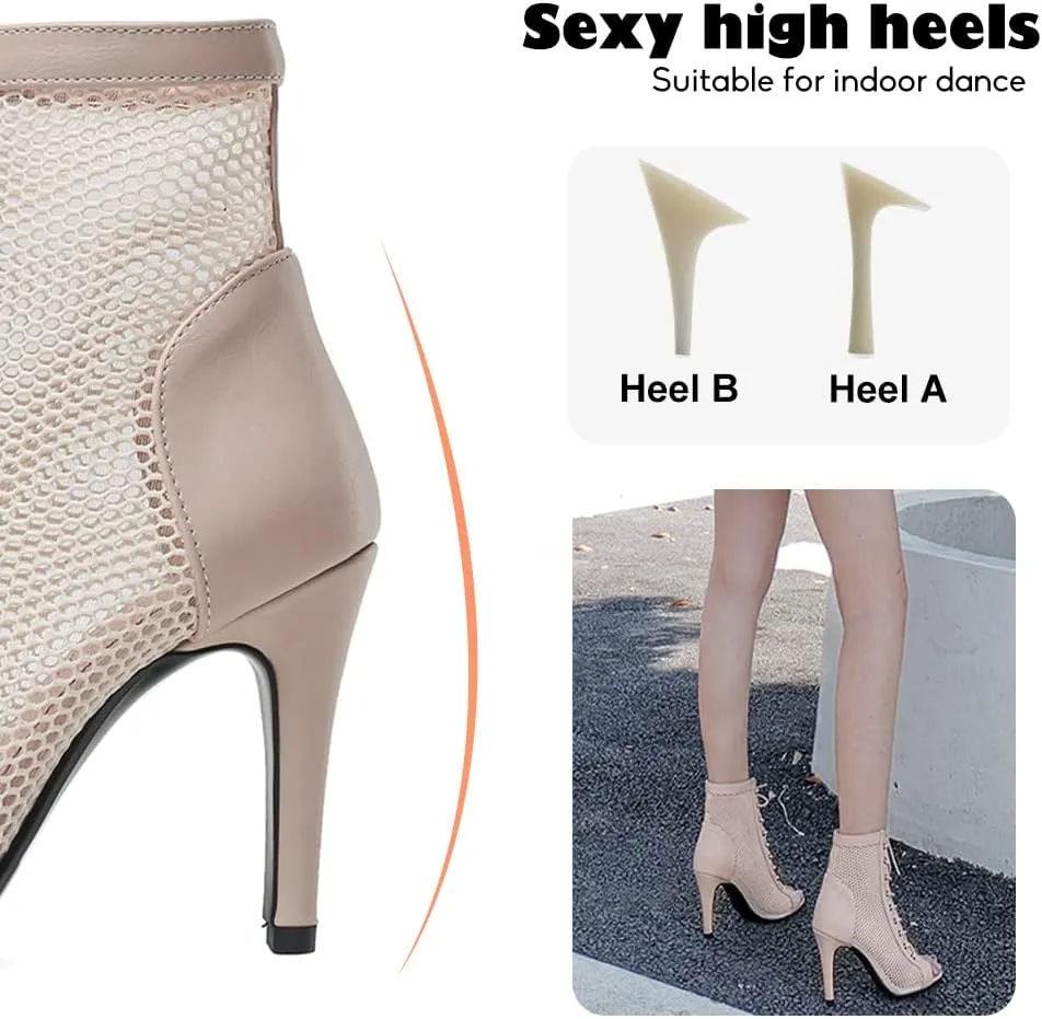 YKXLM Ballroom Dance Boots Women Latin Salsa Peep Toe Lace-up Ankle Dance Shoes