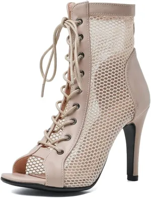 YKXLM Ballroom Dance Boots Women Latin Salsa Peep Toe Lace-up Ankle Dance Shoes