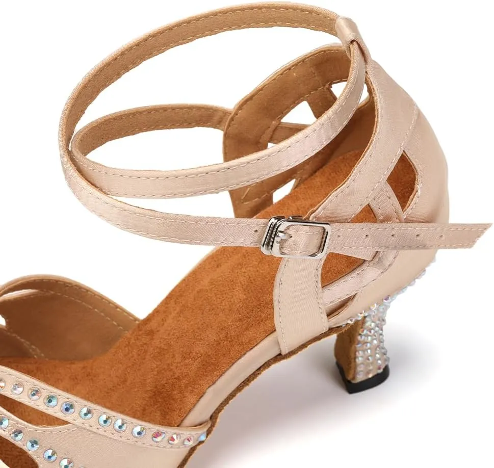 YKXLM Latin Ballroom Dance Shoes Women Rhinestone Salsa Dance Shoes 3 Inch Heel Suede Sole