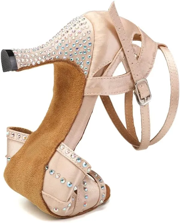 YKXLM Latin Ballroom Dance Shoes Women Rhinestone Salsa Dance Shoes 3 Inch Heel Suede Sole