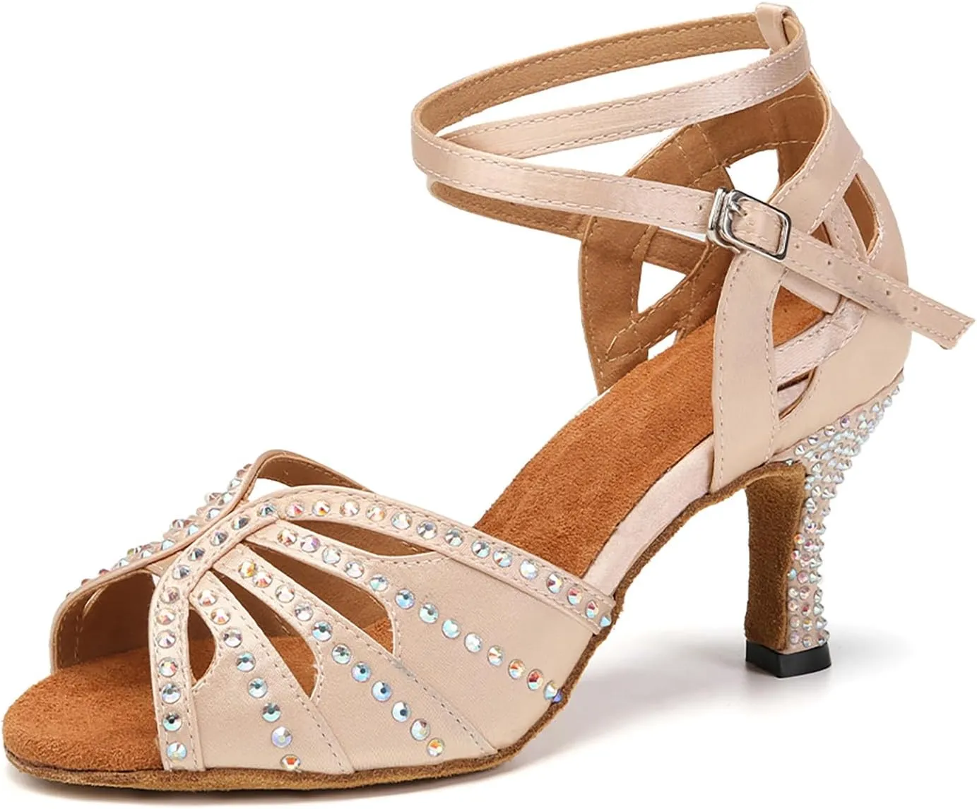 YKXLM Latin Ballroom Dance Shoes Women Rhinestone Salsa Dance Shoes 3 Inch Heel Suede Sole