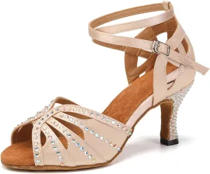 YKXLM Latin Ballroom Dance Shoes Women Rhinestone Salsa Dance Shoes 3 Inch Heel Suede Sole