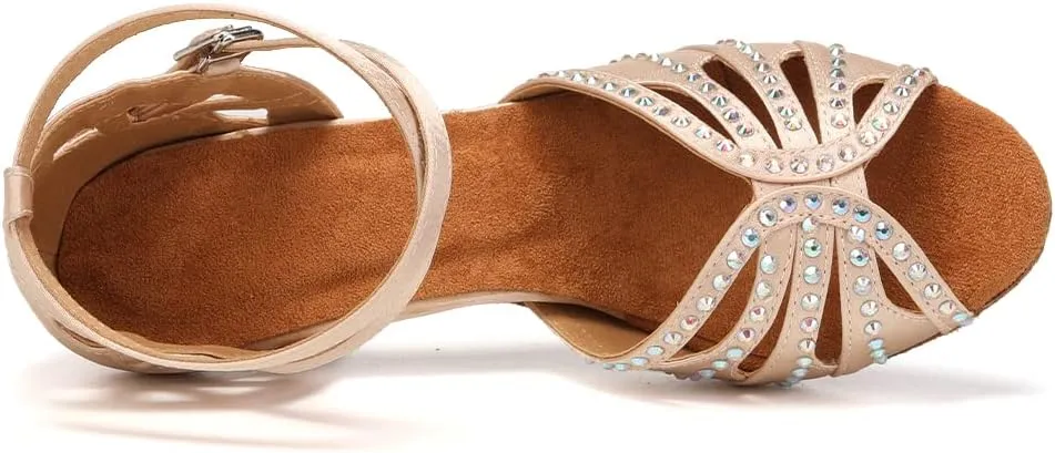 YKXLM Latin Ballroom Dance Shoes Women Rhinestone Salsa Dance Shoes 3 Inch Heel Suede Sole
