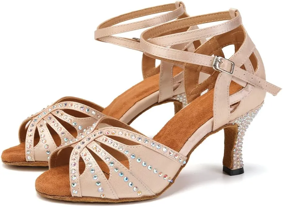 YKXLM Latin Ballroom Dance Shoes Women Rhinestone Salsa Dance Shoes 3 Inch Heel Suede Sole