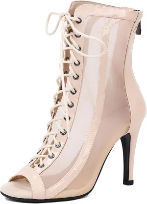 YKXLM Latin Dance Boots Salsa Women Ballroom Lace-up Ankle Open Toe Dance Shoes,953,3 inch Heel,Beige,7.5 US
