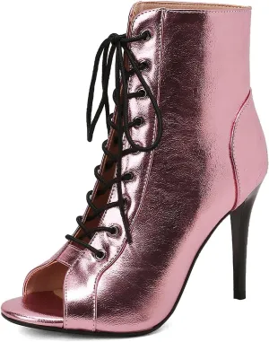 YKXLM Latin Dance Boots Salsa Women Ballroom Lace-up Ankle Open Toe Dance Shoes,9676-1,Pink,9.5US