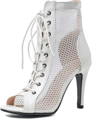 YKXLM Women Open Toe Dance Boots Latin Salsa Ballroom Lace-up Ankle Dance Shoes,B55,4 inch Heel.5,White,6 US