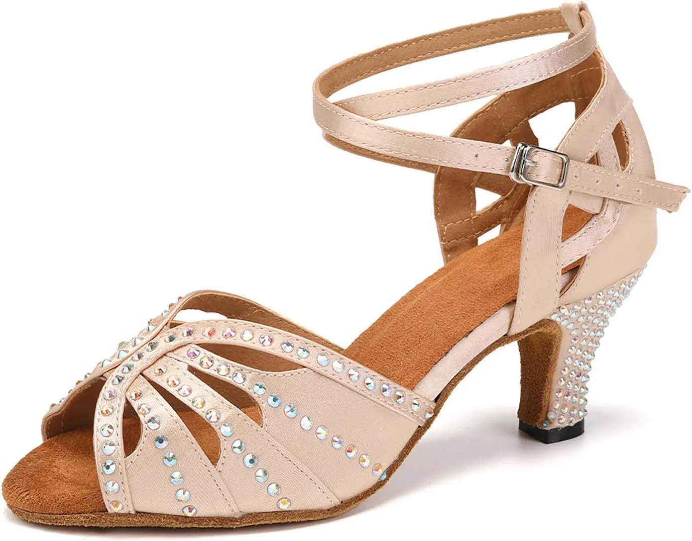 YKXLM Women Rhinestone Ballroom Dance Shoes Latin Performance Dance Shoes Women Suede Sole,2 1/3 inch Heel,Beige,7US