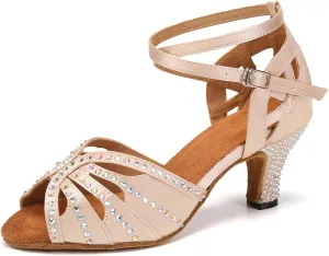 YKXLM Women Rhinestone Ballroom Dance Shoes Latin Performance Dance Shoes Women Suede Sole,2 1/3 inch Heel,Beige,7US