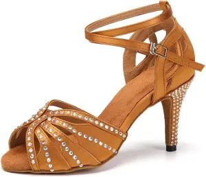 YKXLM Women Rhinestone Ballroom Dance Shoes Latin Performance Dance Shoes Women Suede Sole,L162,3 1/3 inches Heel,Brown,7.5 US