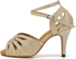 YKXLM Women Rhinestone Ballroom Dance Shoes Latin Performance Dance Shoes Women Suede Sole,L162,3 1/3 inches Heel,Gold,6.5 US