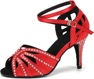 YKXLM Women Rhinestone Ballroom Dance Shoes Latin Performance Dance Shoes Women Suede Sole,L162,3 1/3 inches Heel,Red,8.5 US