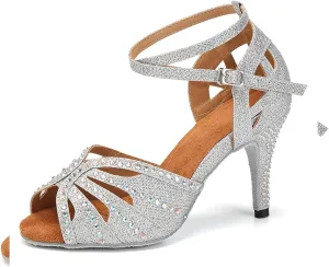 YKXLM Women Rhinestone Ballroom Dance Shoes Latin Performance Dance Shoes Women Suede Sole,L162,3 1/3 inches Heel,Silver,7 US
