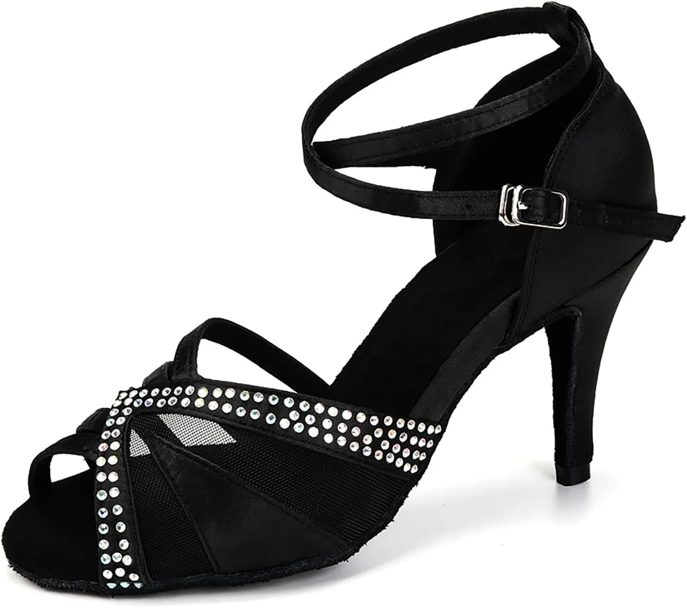 YKXLM Women Rhinestone Ballroom Dance Shoes Latin Performance Dance Shoes Women Suede Sole,L165,3 1/3 inches Heel,Black,6US