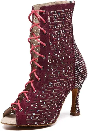 YKXLM Women's Ballroom Latin Salsa Dance Shoes Lace-up Open-Toe Dance Boots Rhinestones,9007