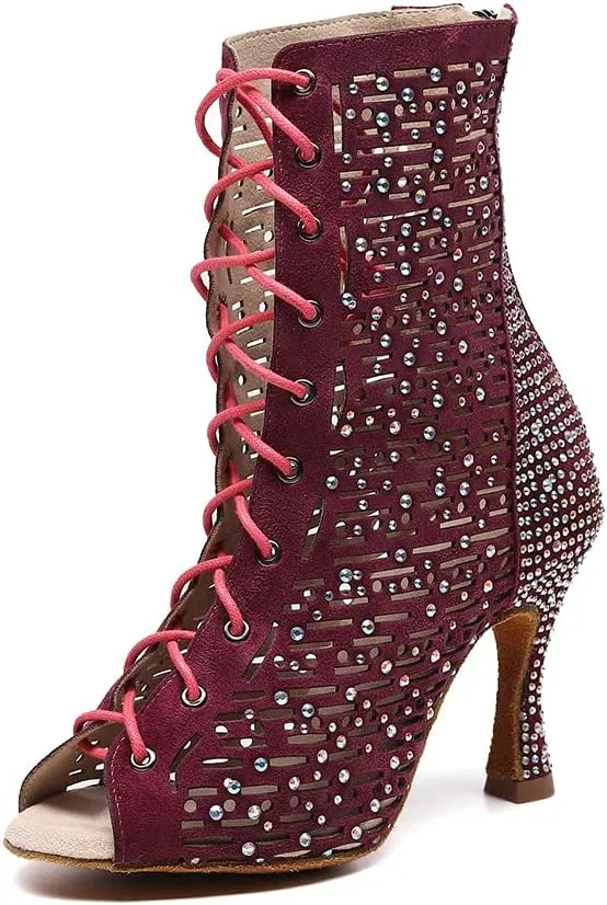 YKXLM Women's Ballroom Latin Salsa Dance Shoes Lace-up Open-Toe Dance Boots Rhinestones,9007