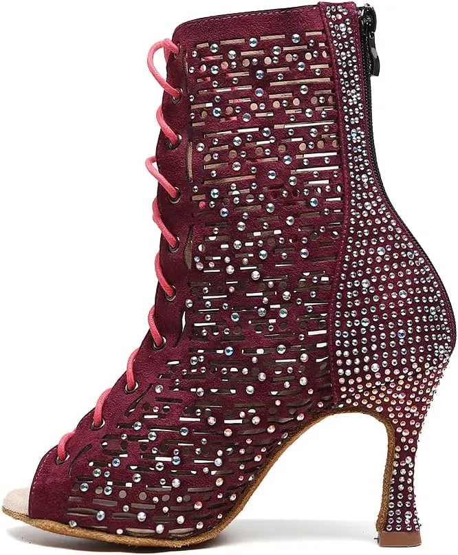 YKXLM Women's Ballroom Latin Salsa Dance Shoes Lace-up Open-Toe Dance Boots Rhinestones,9007